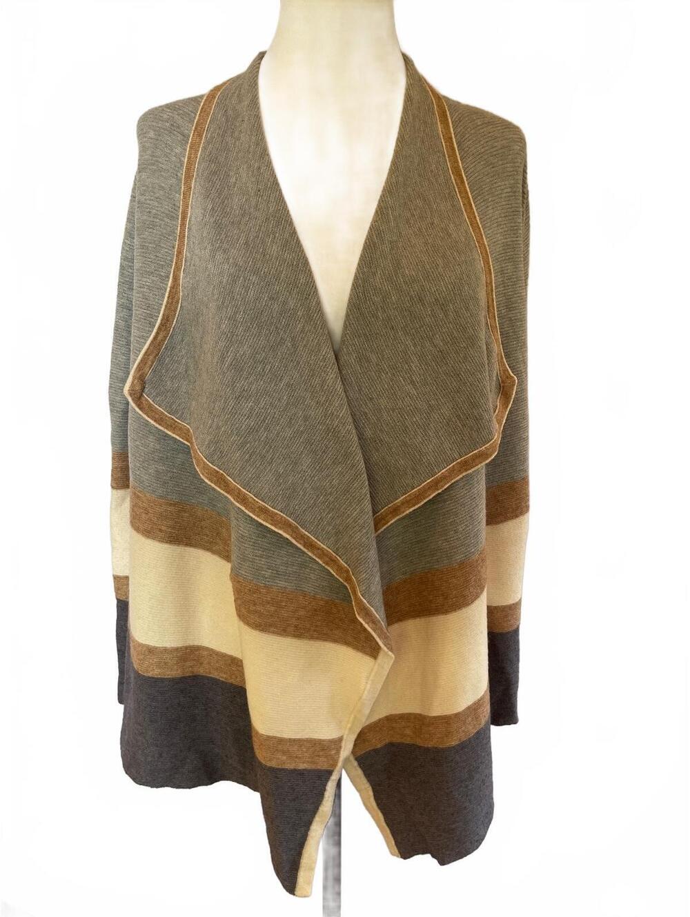 Women’s Boho Lagenlook Waterfall Cardigan Gray Brown Cream Striped Cozy Knit L